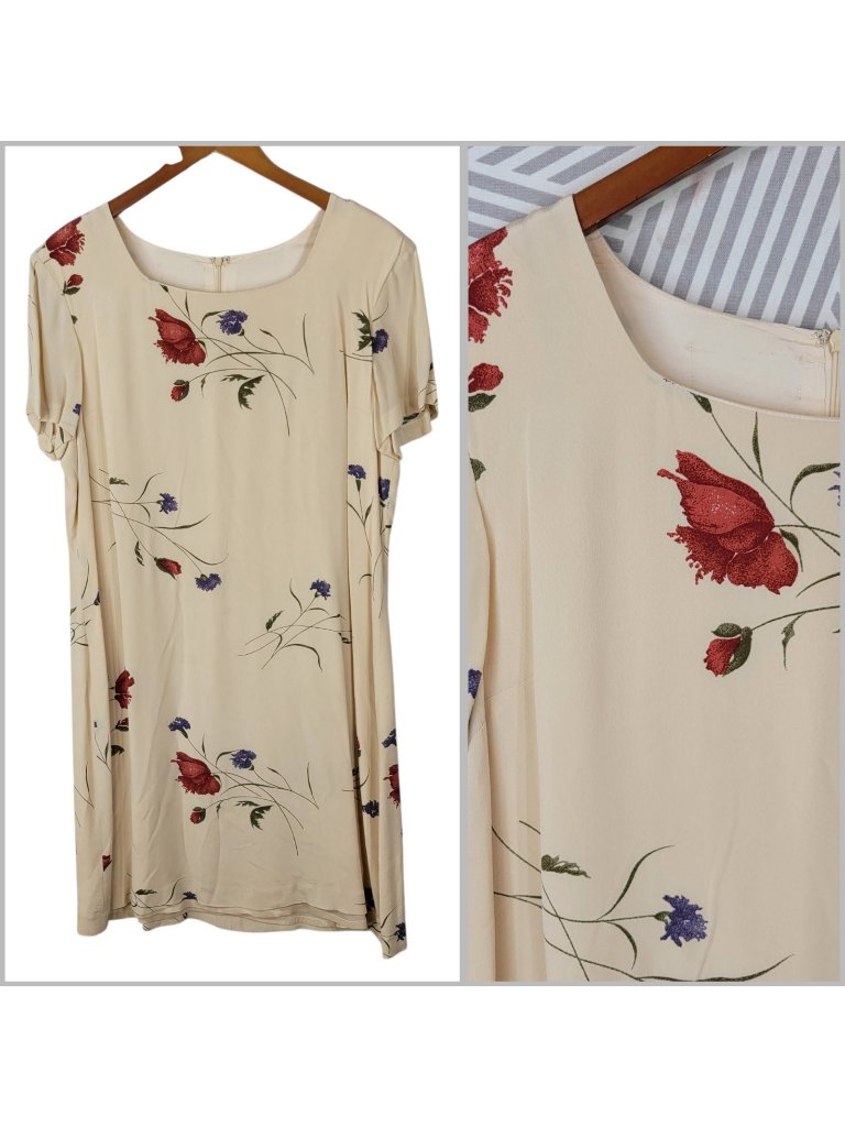Vintage Floral Sheath Dress Size Medium Large Evening Career Event Tan Red